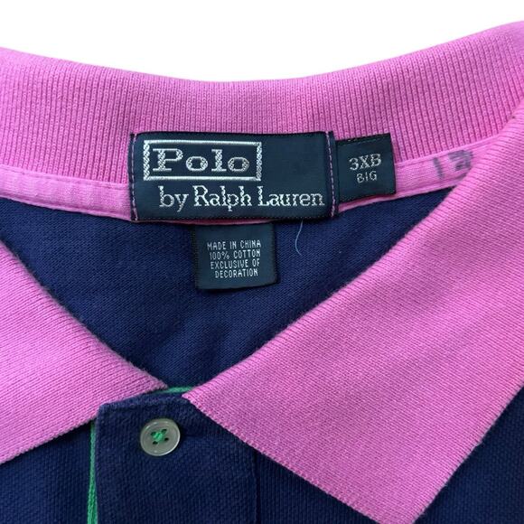 Vintage Polo Ralph Lauren 3XB Blue Polo Pink Collar Green Placket Sleeve Trim - Picture 3 of 8